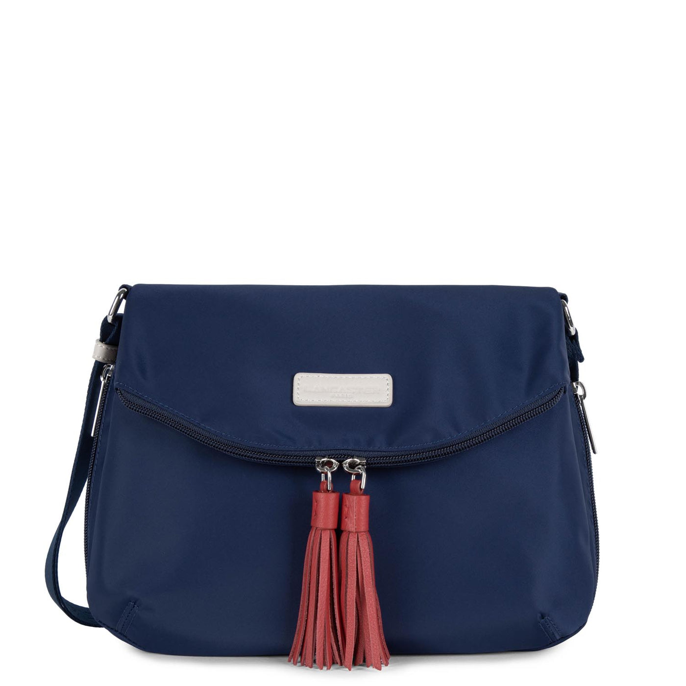 sac besace - basic pompon #couleur_bleu-fonc-beige-rouge